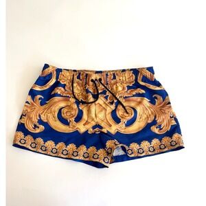 Authentic Versace Gold Baroque Heritage Print Swim Trunks Royal Blue Men's Sz M